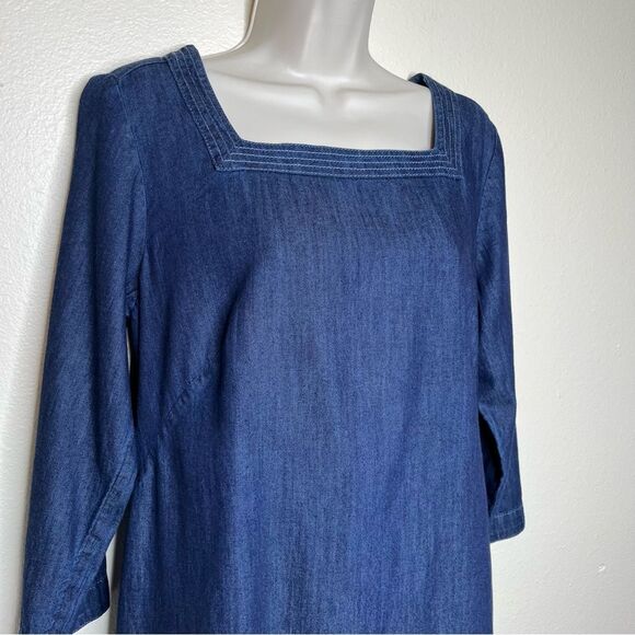 Talbots Square Neck Denim Shift Dress Blue Cotton Chambray 3/4 Sleeve Women 8 - Picture 3 of 13
